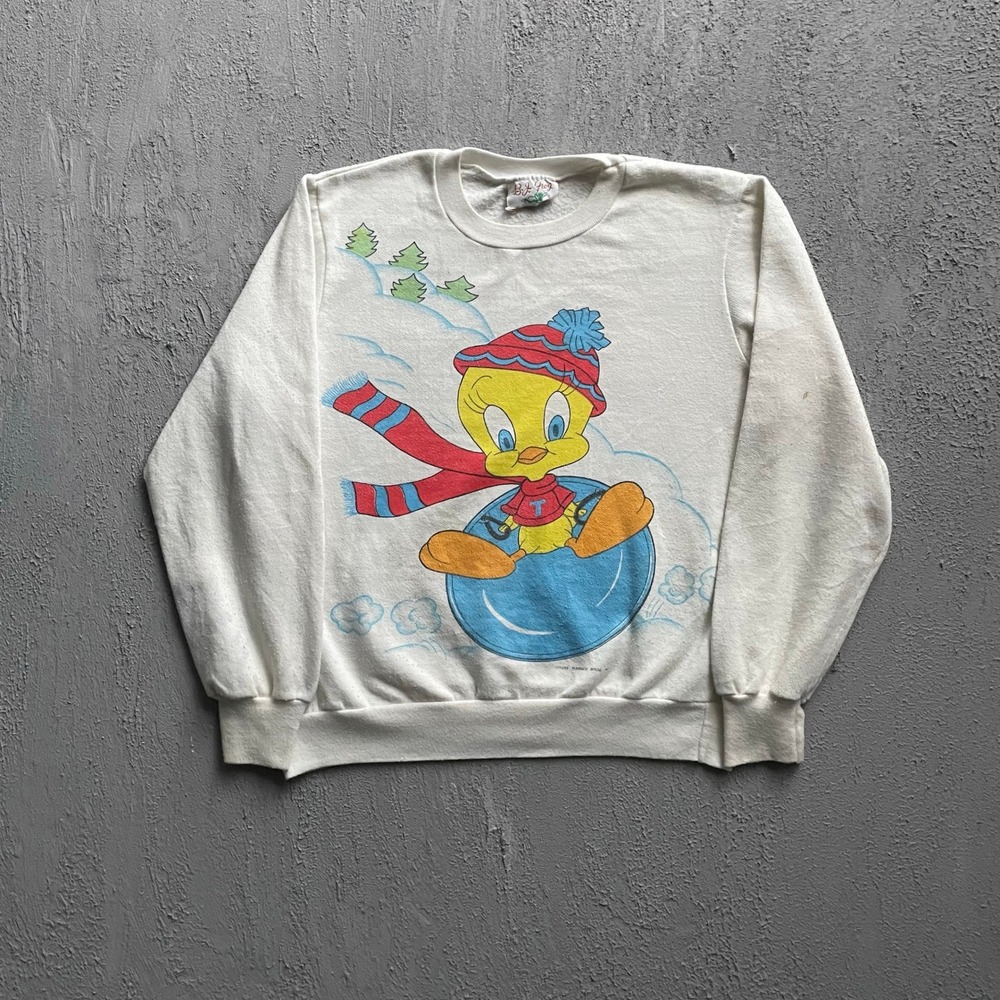 Vintage Tweety Bird Sledding Sweatshirt Unisex Large White 80s B.J. Frog